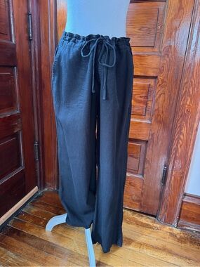 Susina Black Drawstring Wide-Leg Linen Blend Pants- Medium